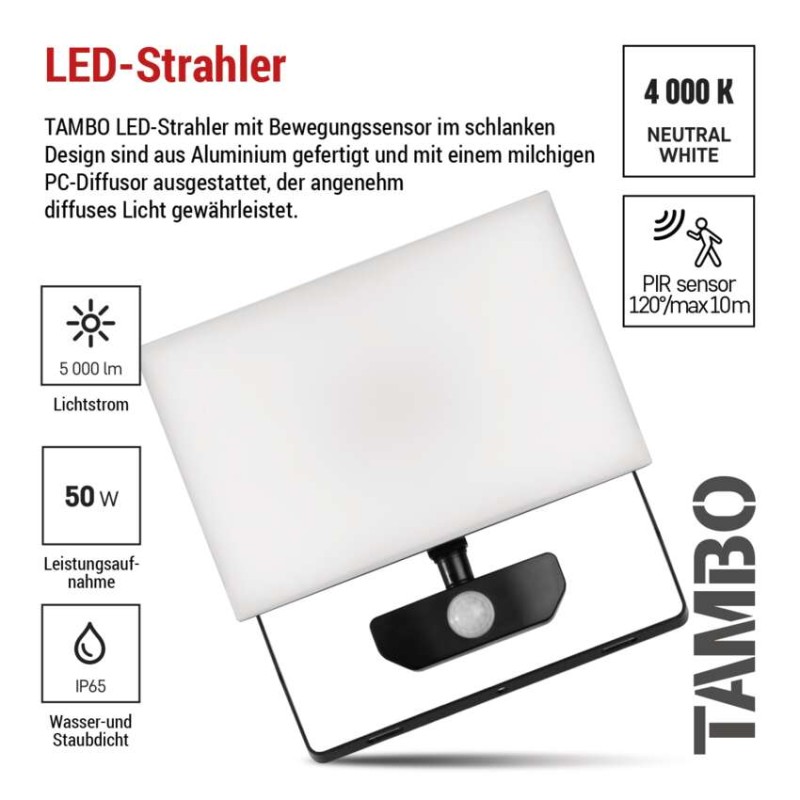 LED-Flutlicht TAMBO mit Bewegungssensor, 50 W, 5000 lm, schwarz