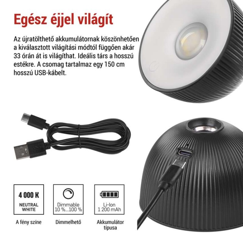 EMOS Sophie LED asztali lámpa, újratölthető, fekete