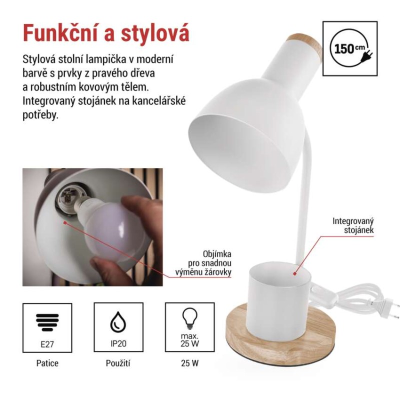 Stolní lampa POPPY na žárovku E27, bílá