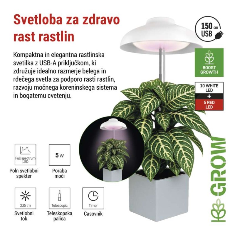 LED svetilka za rastline, polnega spektra, 15 LED diod, notranja, časovnik