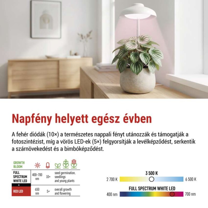 LED növénynevelő lámpa, teljes spektrum, 15 LED, beltéri, időzítővel