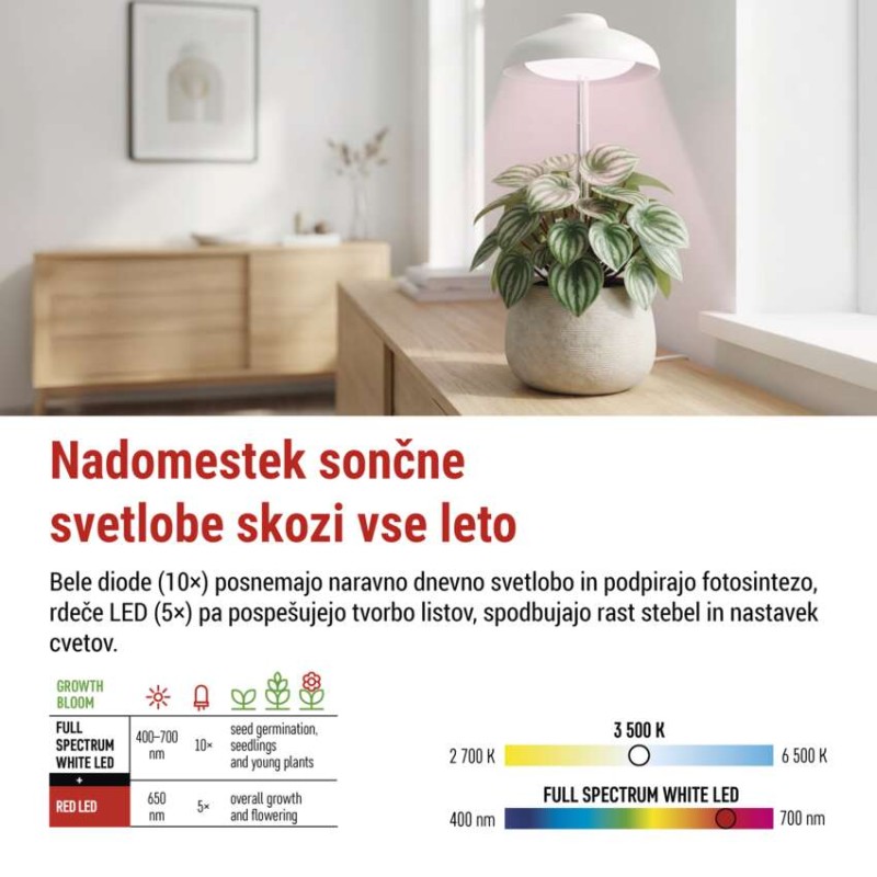 LED svetilka za rastline, polnega spektra, 15 LED diod, notranja, časovnik