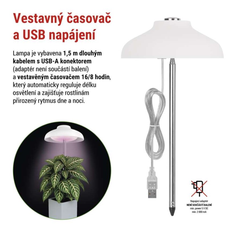 LED GROW pěstební lampa 5 W, časovač, bílá