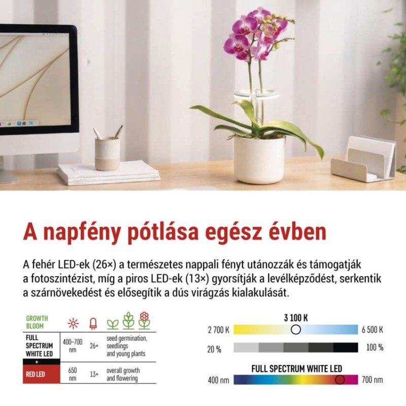 LED növénynevelő lámpa, teljes spektrum, 39 LED, beltéri, időzítővel, dimmelhető