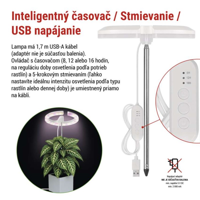 LED GROW pestovateľská lampa 8 W, časovač, stmievateľná, biela