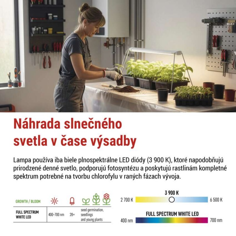 LED GROW pestovateľská lampa na sadenice 15 W, časovač, biela