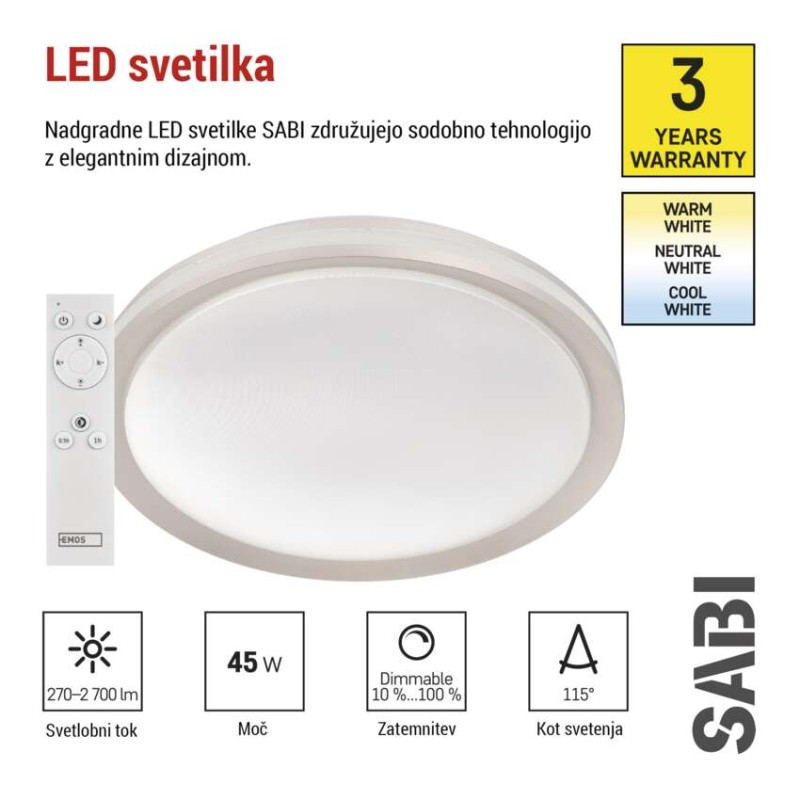LED stropno svetilo SABI, okroglo, 45W, zatemnilno, nastavljiva CCT