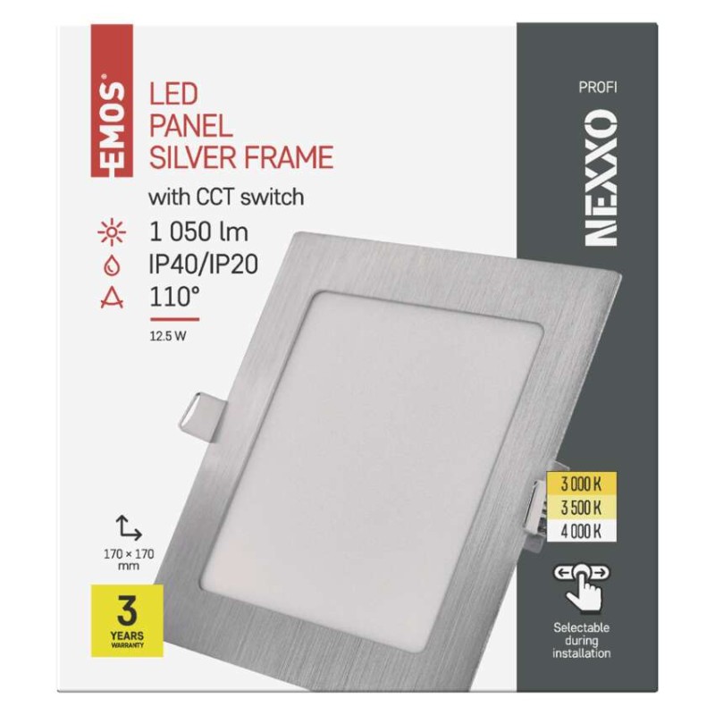 LED panel NEXXO, vgradni,  kvadratni, srebrn, 12W, nastavljiva CCT