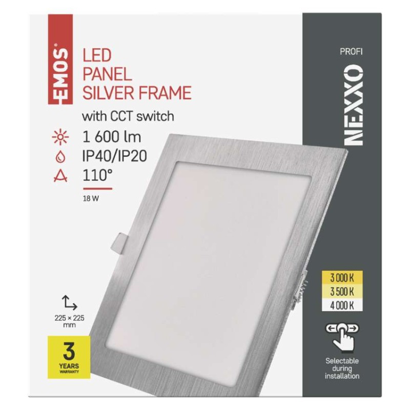 LED panel NEXXO, vgradni,  kvadratni, srebrn, 18W, nastavljiva CCT