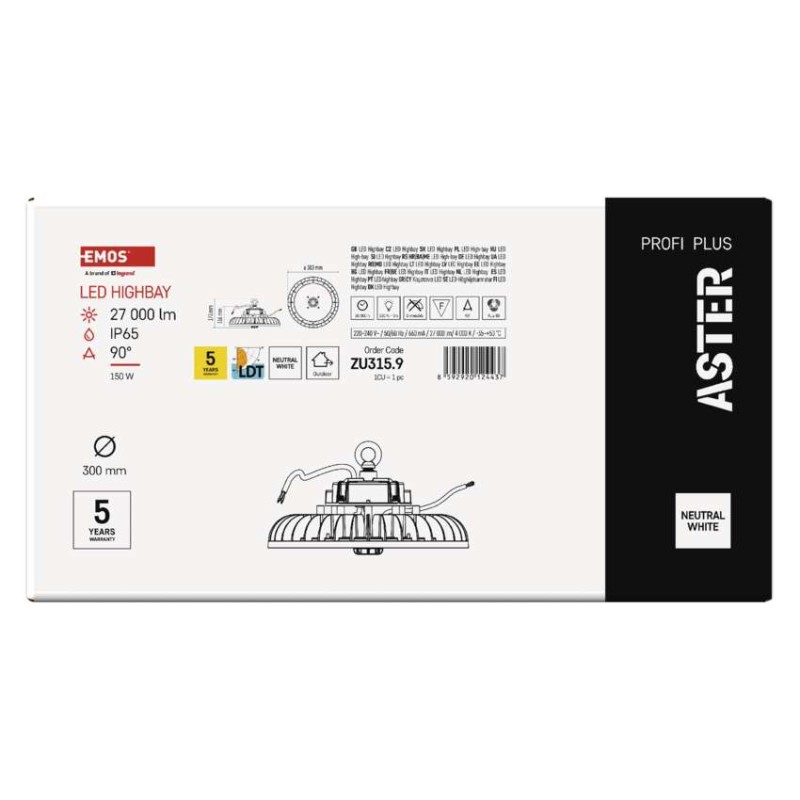 LED rūpniecisks iekaramais gaismeklis augstām ēkām ASTER, 90°, 150 W, neitrāli balts, IP65