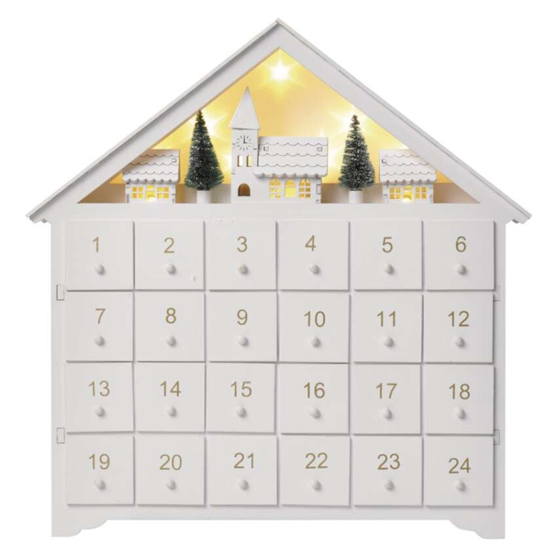 LED Adventskalender aus Holz, 35x33 cm, 2x AA, Innen, warmweiss, Timer