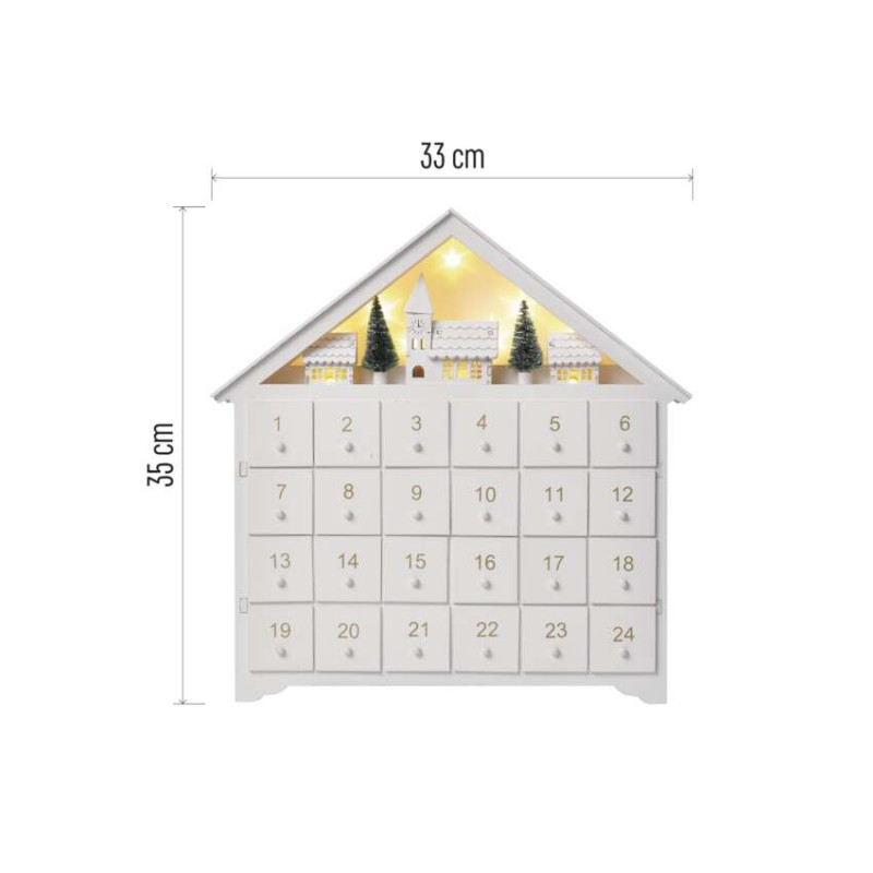 LED Adventskalender aus Holz, 35x33 cm, 2x AA, Innen, warmweiss, Timer