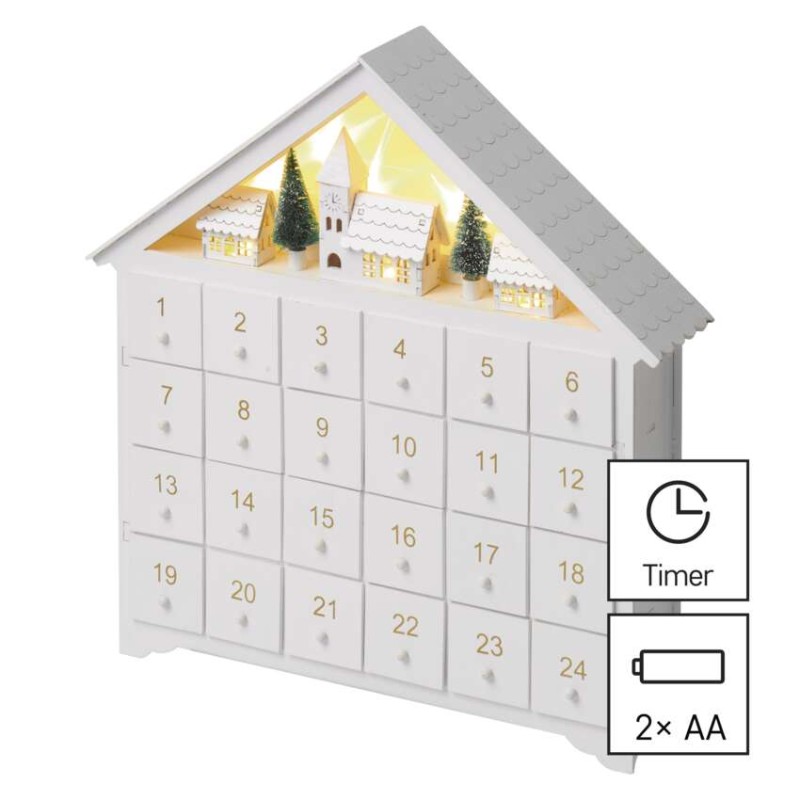 LED Adventskalender aus Holz, 35x33 cm, 2x AA, Innen, warmweiss, Timer