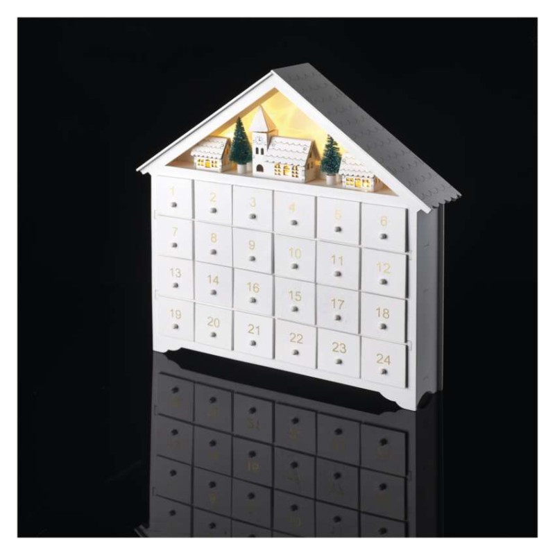 LED Adventskalender aus Holz, 35x33 cm, 2x AA, Innen, warmweiss, Timer