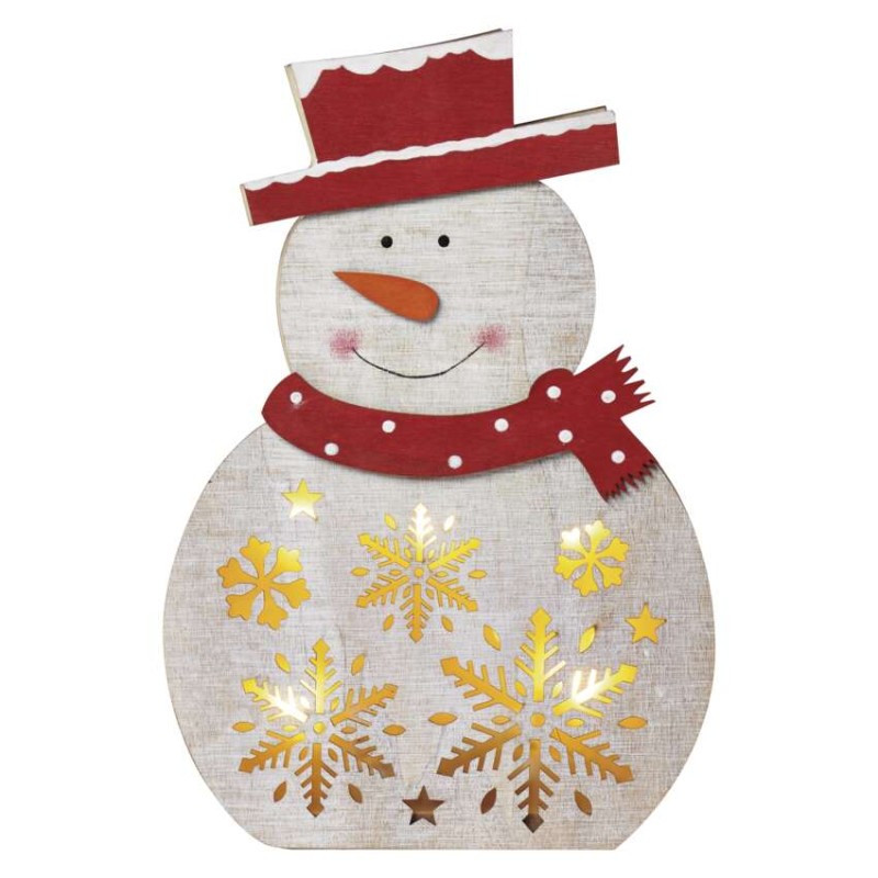 LED Weihnachts-Schneemann Holz, 30 cm, 2x AAA, Innen, warmweiss, Timer