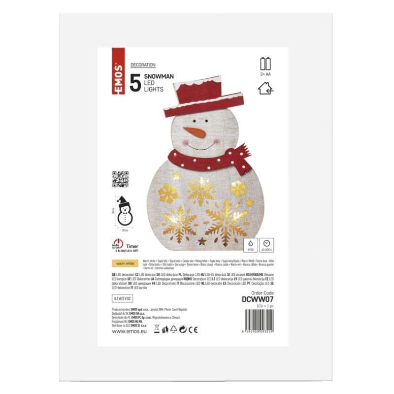 LED Weihnachts-Schneemann Holz, 30 cm, 2x AAA, Innen, warmweiss, Timer
