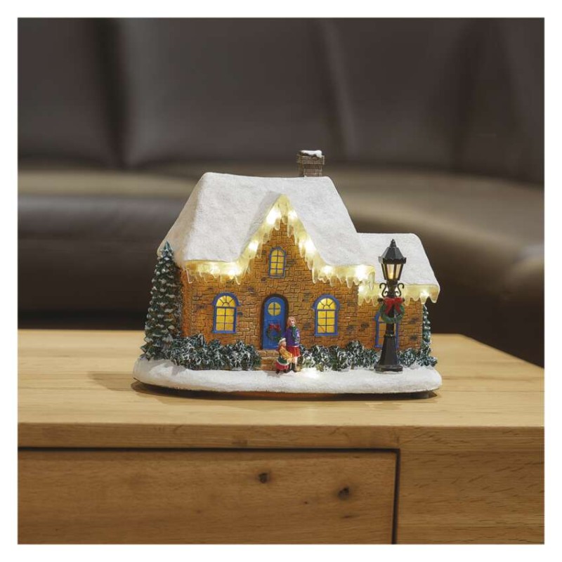 LED vianočný domček, 20,5 cm, 3x AA, vnút., teplá biela