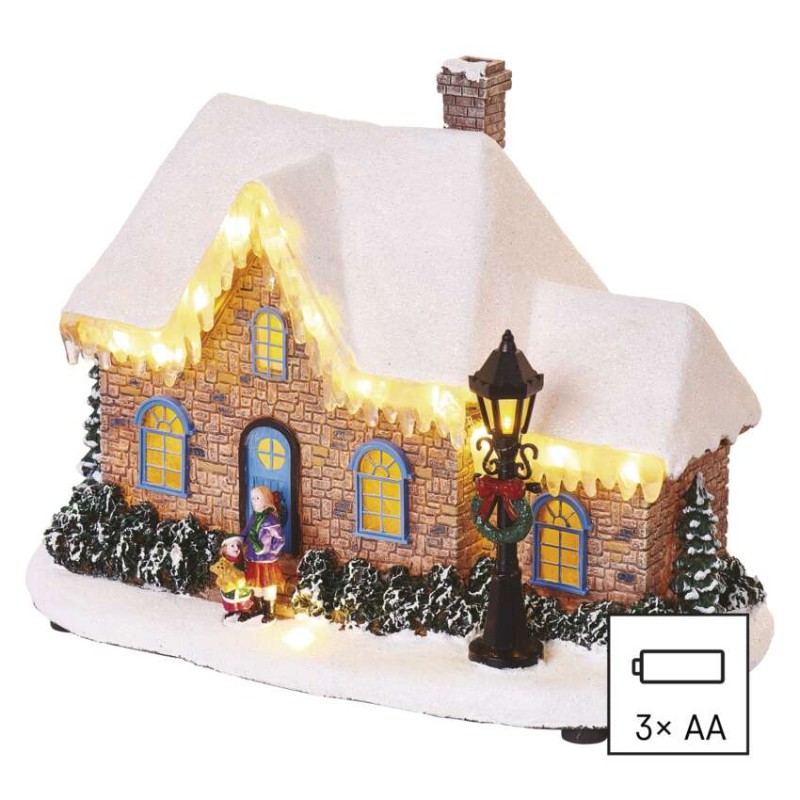 LED vianočný domček, 20,5 cm, 3x AA, vnút., teplá biela