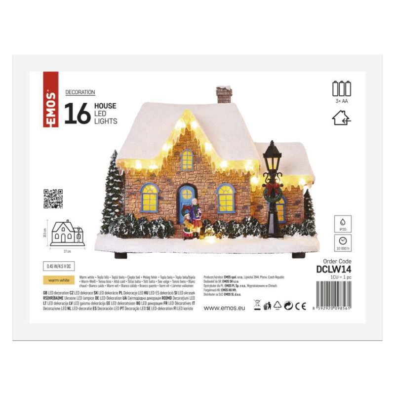 LED vianočný domček, 20,5 cm, 3x AA, vnút., teplá biela