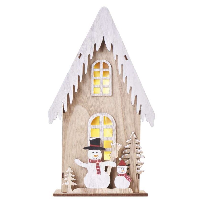 LED Holzdekoration – Häuschen mit Schneemännern, 28,5 cm, 2x AA, Innen, warmweiss, Timer
