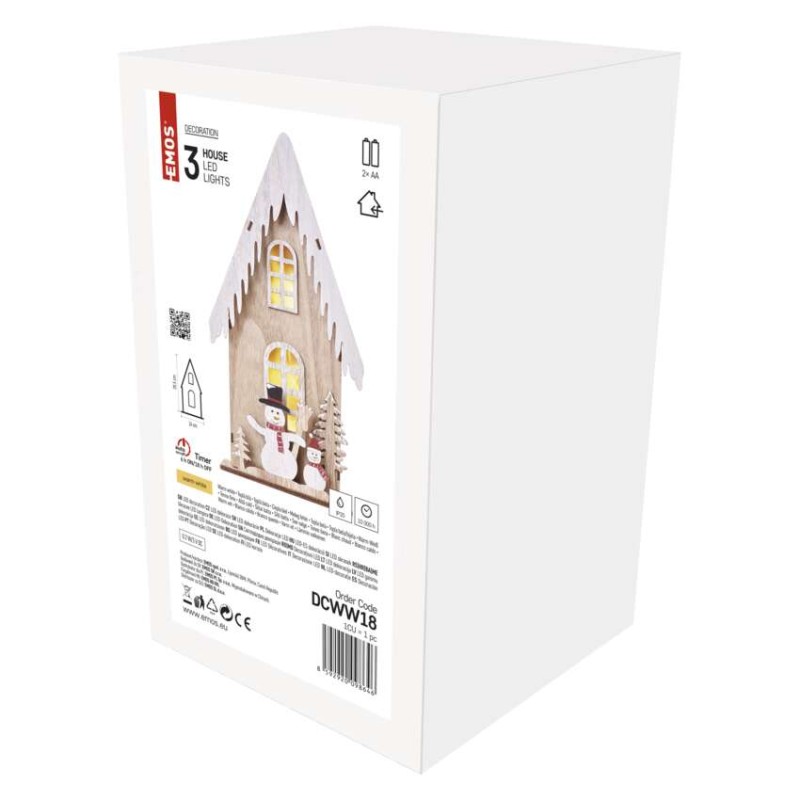 LED Holzdekoration – Häuschen mit Schneemännern, 28,5 cm, 2x AA, Innen, warmweiss, Timer