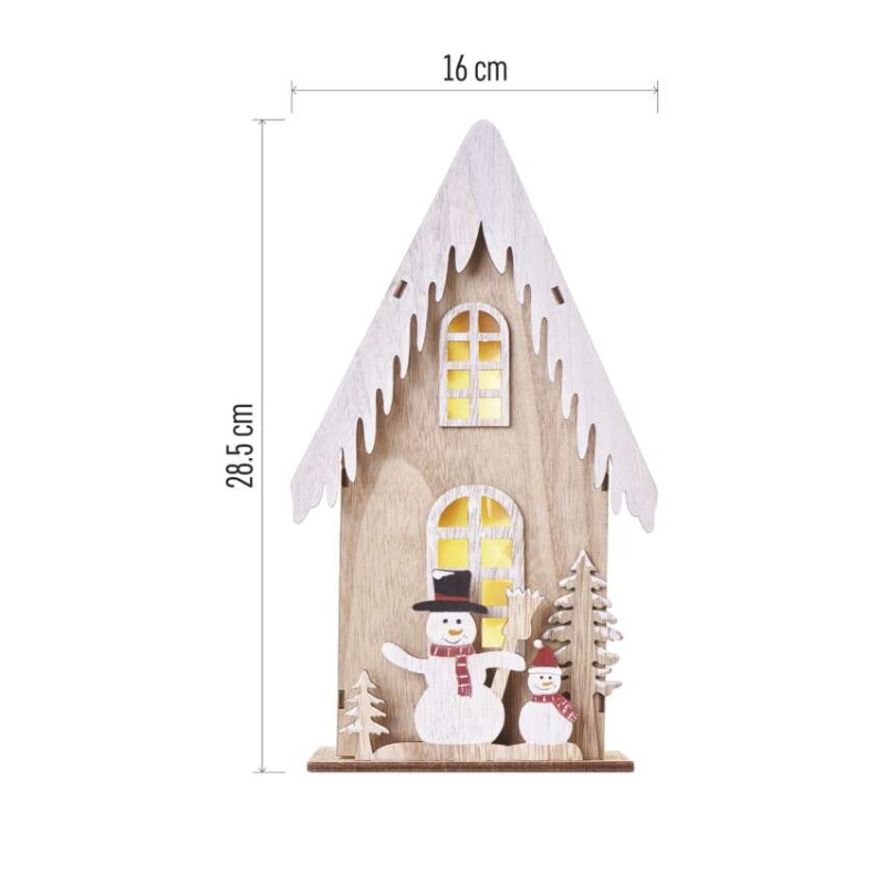 LED Holzdekoration – Häuschen mit Schneemännern, 28,5 cm, 2x AA, Innen, warmweiss, Timer