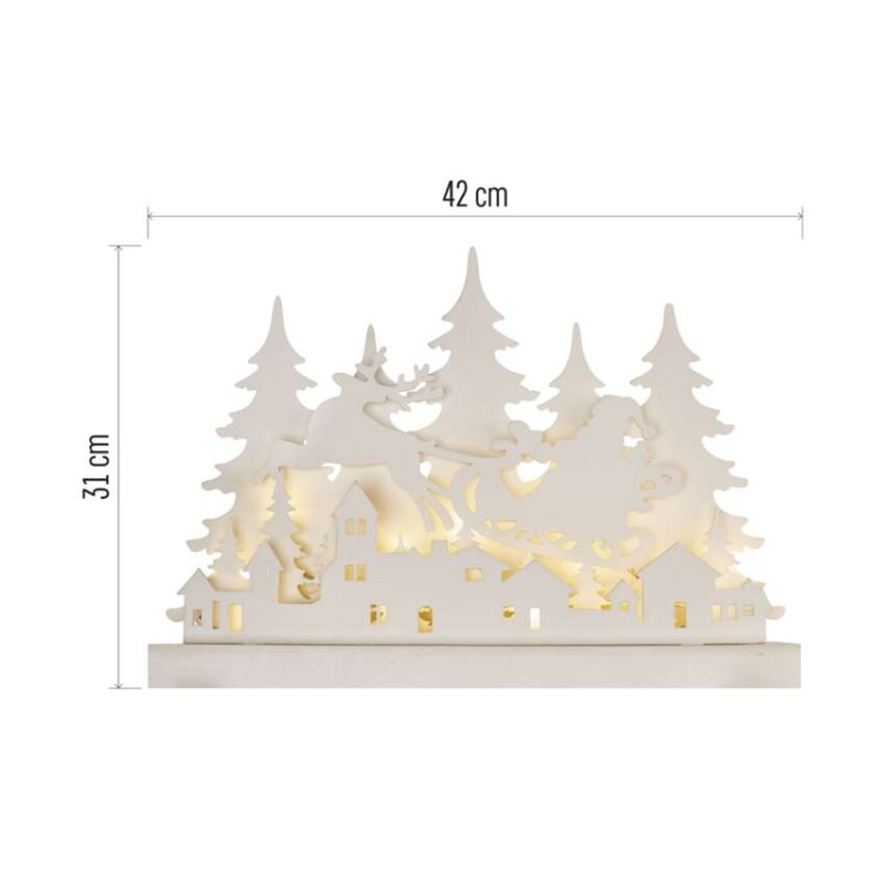 LED dekoráció, fa – karácsonyi falu, 31 cm, 2x AA, beltéri, meleg fehér, időzítő