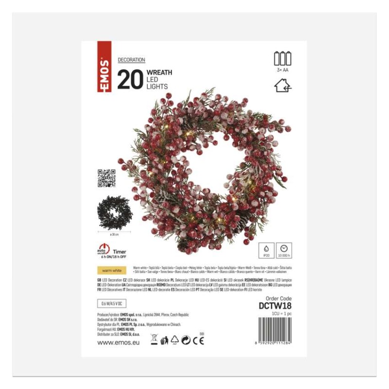 LED zdobený vianočný veniec – 38 cm, 3x AA, vnútorný, teplá biela, časovač