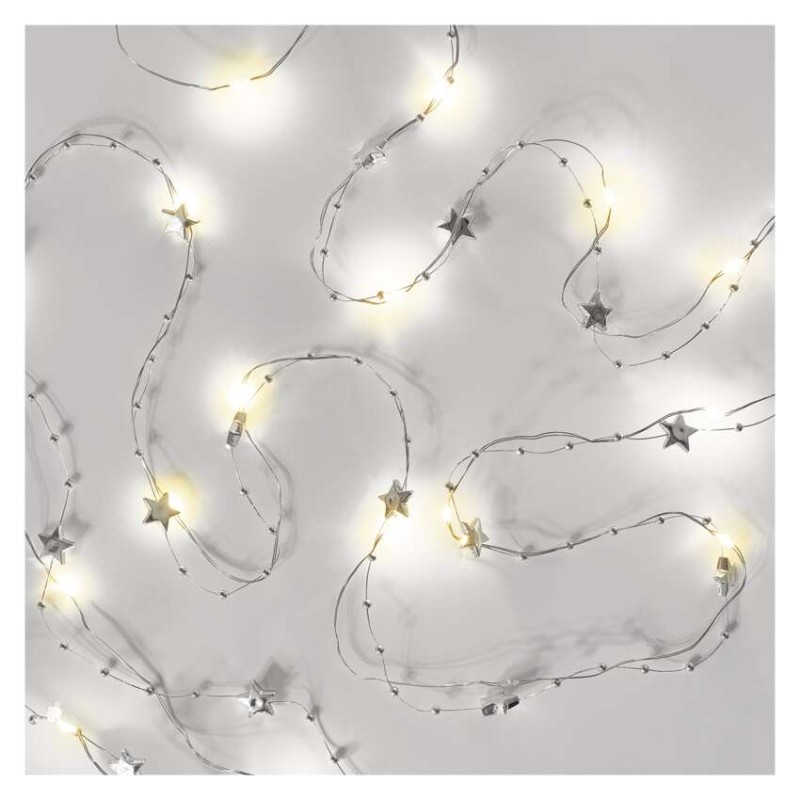 LED Weihnachtslichterkette silberfarben – Sternchen, 1,9 m 2x AA, Innen, warmweiss, Timer