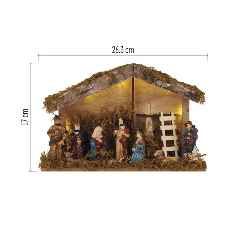 LED karácsonyi betlehem, 17 cm, 2x AA, meleg fehér, időzítő