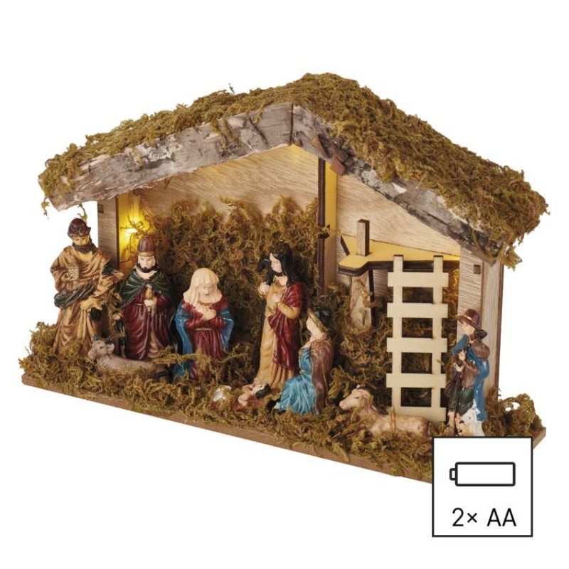 LED karácsonyi betlehem, 17 cm, 2x AA, meleg fehér, időzítő