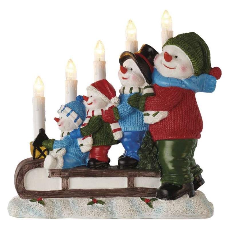 LED Kerzenhalter – Schneemänner auf Schlitten, 24 cm, 2x AA, Innen, warmweiss, Timer