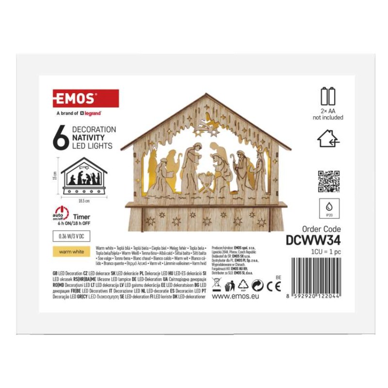 LED vianočný betlehem drevený, 15 cm, 2x AA, vnútorný, teplá biela, časovač