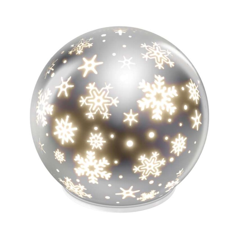 LED vánoční skleněná koule – vločky, 12 cm, 3x AA, vnitřní, teplá bílá, časovač