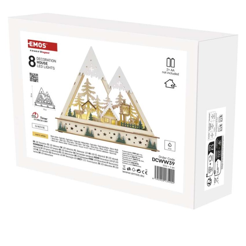 Lesena božična pokrajina LED, 23,5 cm, 2x AA, notranja, topla bela, časovnik