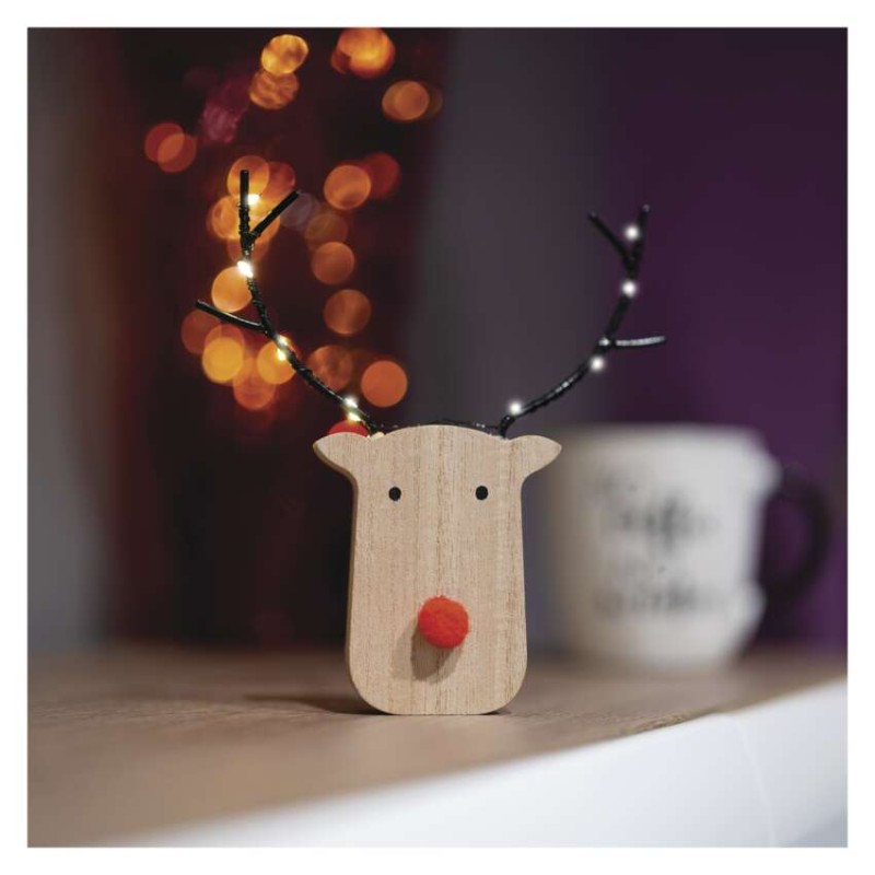 LED Holzdekoration –ren, 16 cm, 2x AAA, innen, warmweiß, Zeitschaltuhr,12 Stk.,display box