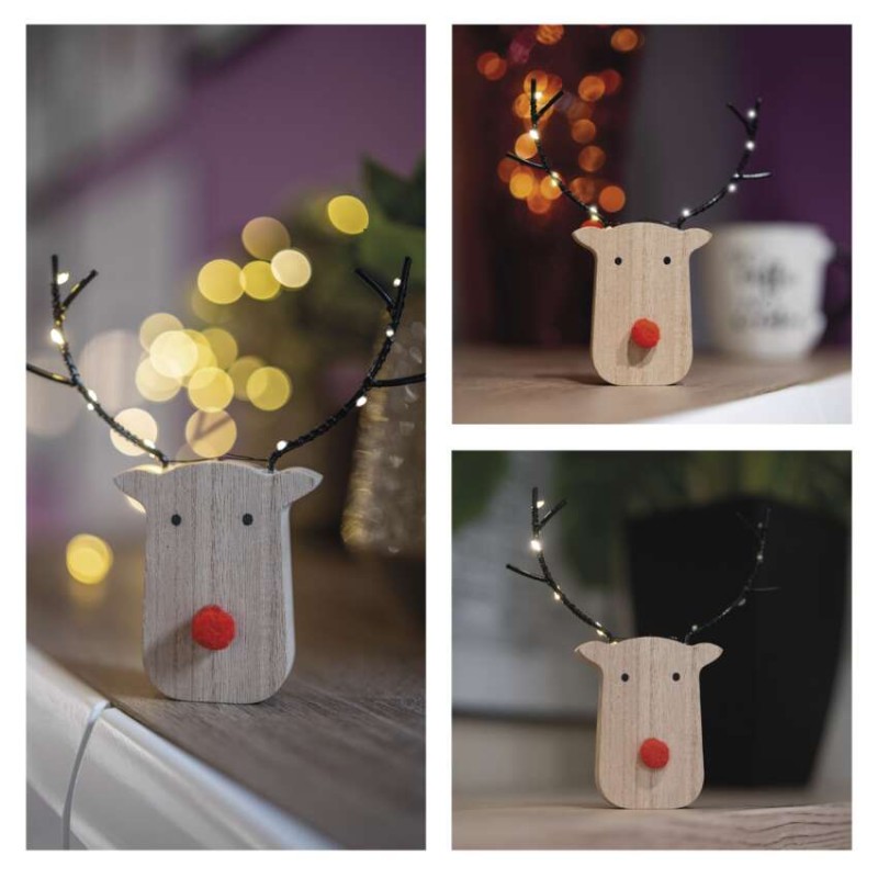 LED Holzdekoration –ren, 16 cm, 2x AAA, innen, warmweiß, Zeitschaltuhr,12 Stk.,display box