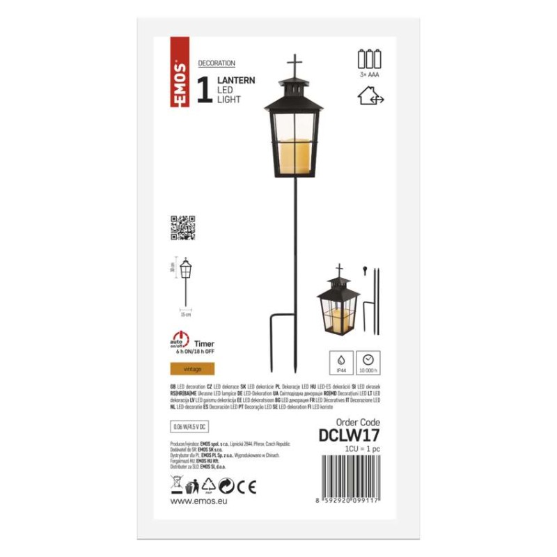 Lampion cmentarny LED, czarny, metalowy, 3x AAA, IP44