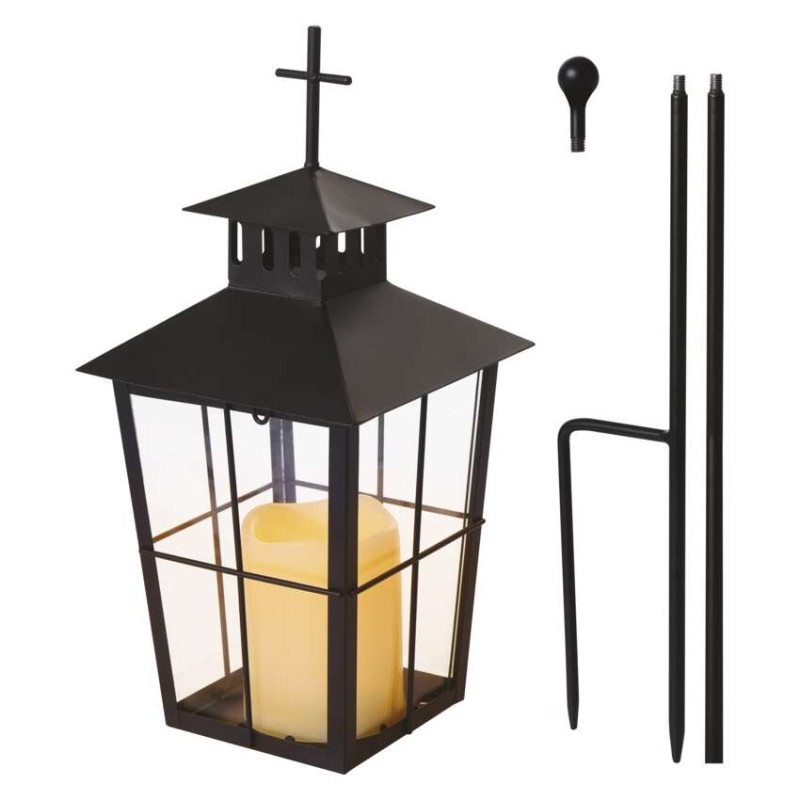 Lampion cmentarny LED, czarny, metalowy, 3x AAA, IP44