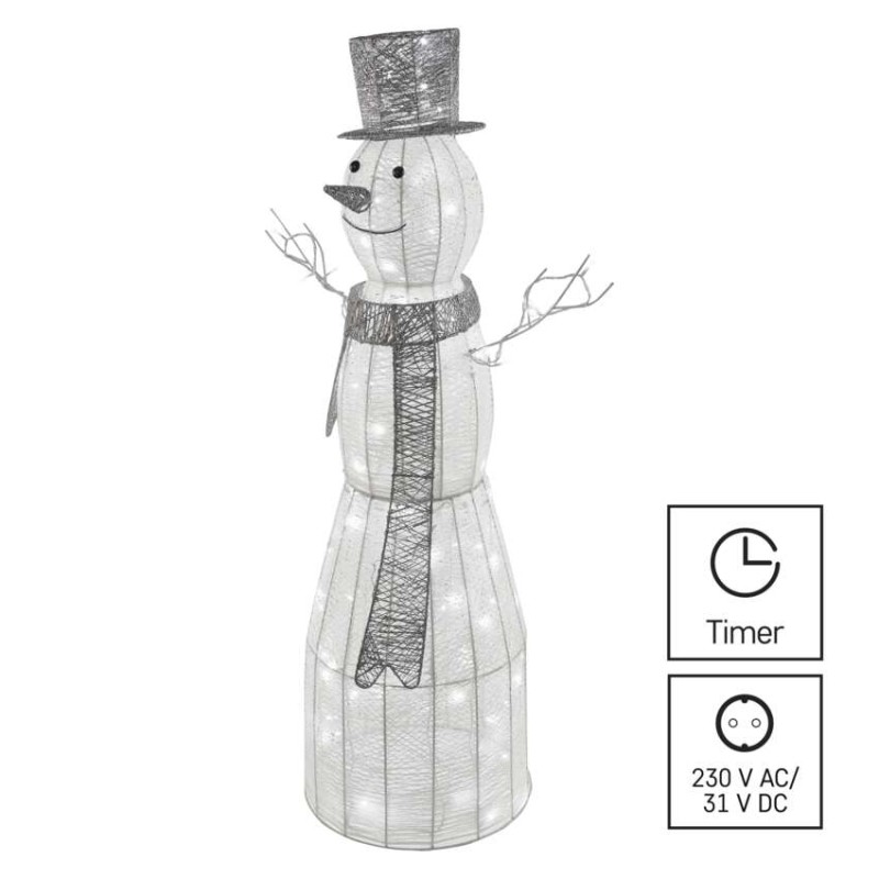 LED Weihnachts-Schneemann Rattan, 124 cm, Innen, Kaltweiß, Timer
