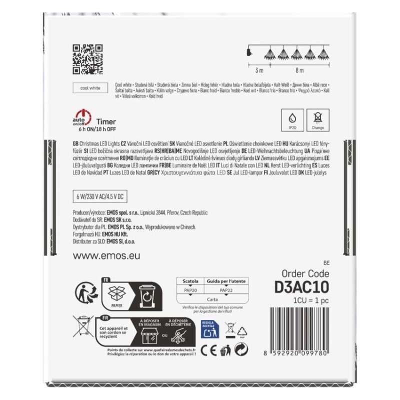 LED nano virtene – mirdzoši saišķi, 8 m, lietošanai iekštelpās, auksti balta, ar taim.