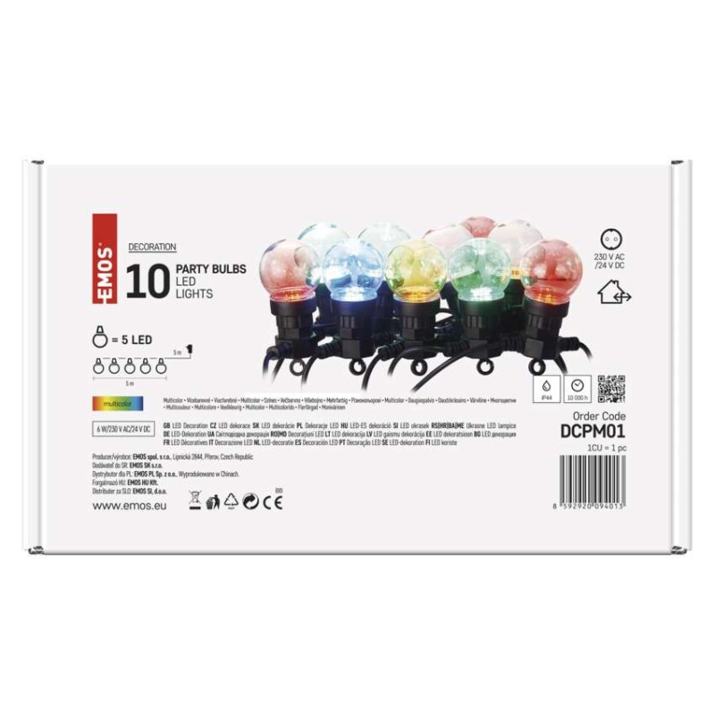 Łańcuch świetlny LED – 10x żarówki party, 5 m, na zewnątrz/do wnętrza, multicolor