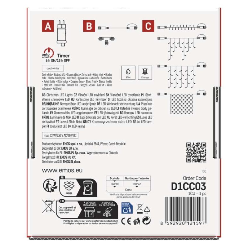 EMOS CNT Kezdő készlet – jégcsapok 2,5m 100LED IP44 12W, hideg fehér, időz.