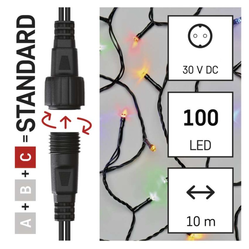 Standarta LED savienojošā virtene, 10 m, lietošanai ārā un iekštelpās, daudzkrāsaina