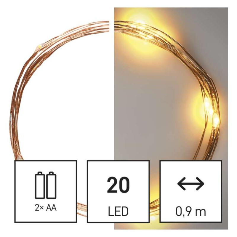 LED Weihnachtliche Nano-Kette, 1,9 m, 2x AA, Innen, warm-weiß, Timer