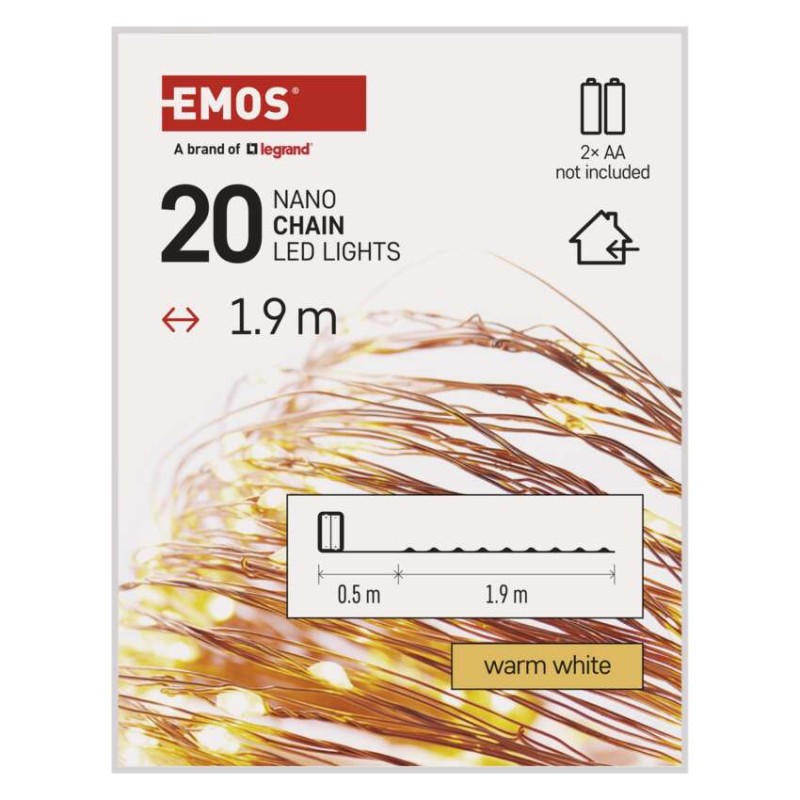 LED Weihnachtliche Nano-Kette, 1,9 m, 2x AA, Innen, warm-weiß, Timer