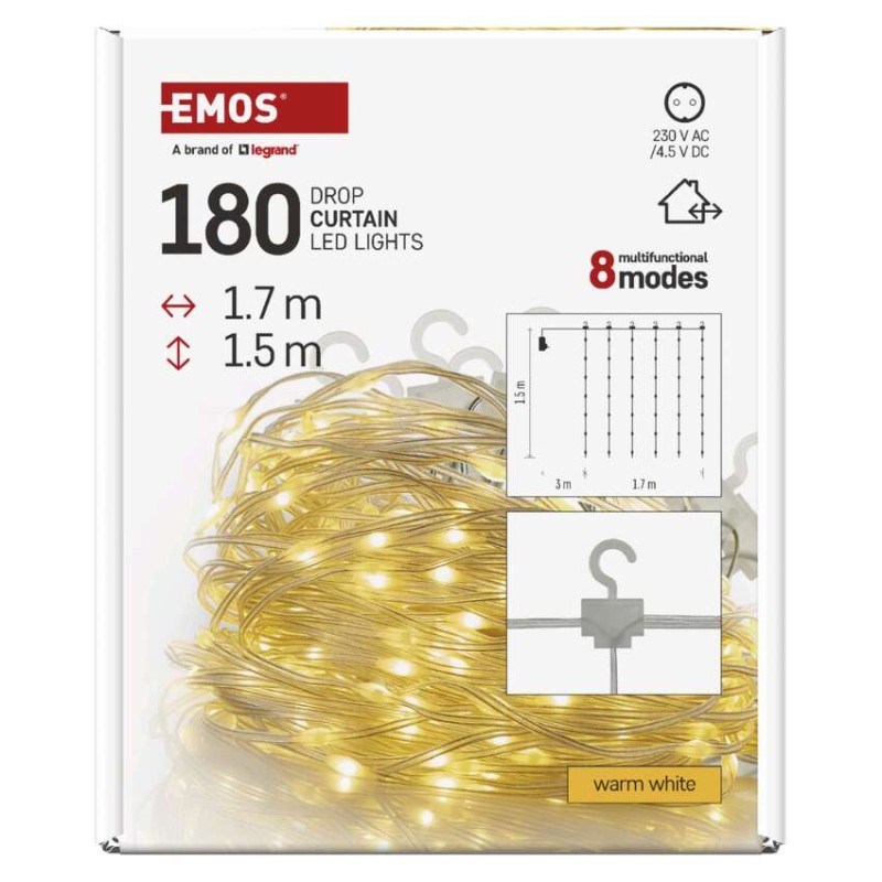 Dekoracje - 180 LED drop kurtyna 1,7x1,5m ciepła biel, 8 programów, IP44