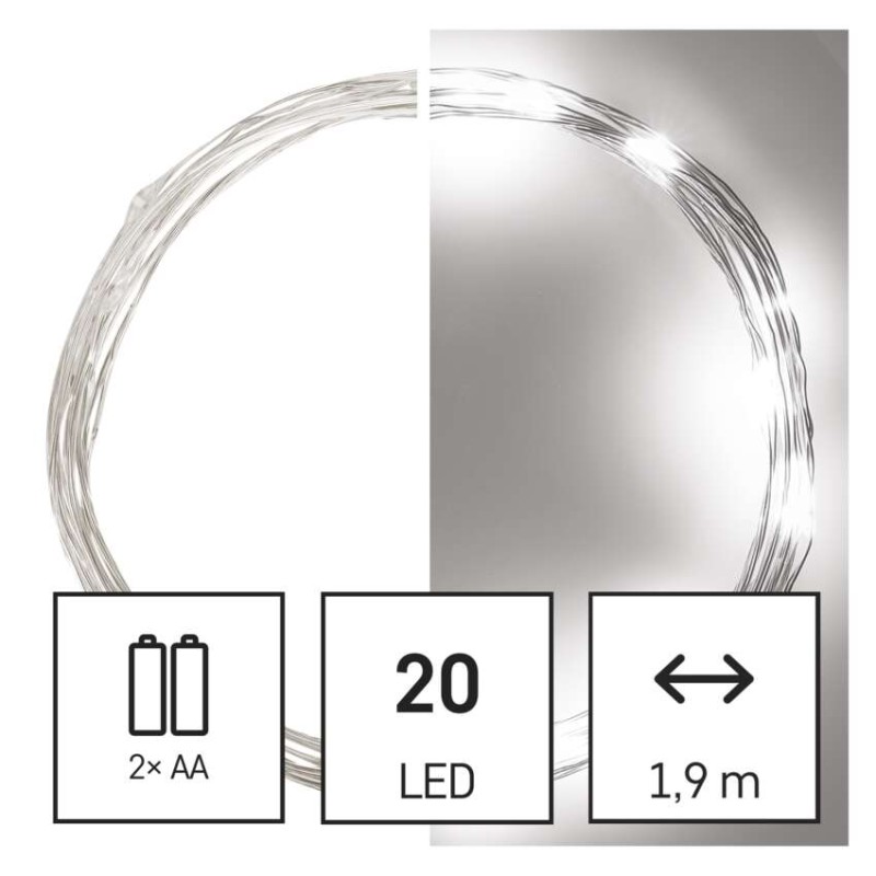 LED Ziemassvētku nano virtene, sudr., 1,9 m, 2x AA, liet. iekšt., auksti balta, ar taimeru