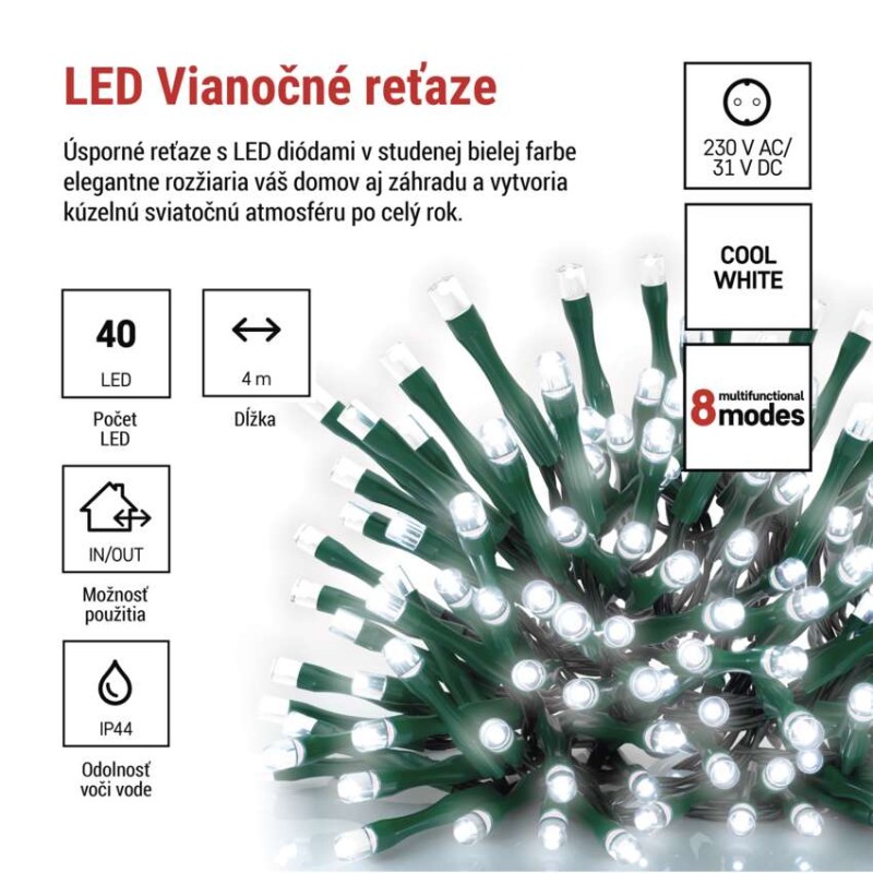 LED vianočná reťaz, 4 m, vonkajšia aj vnútorná, studená biela, programy, časovač