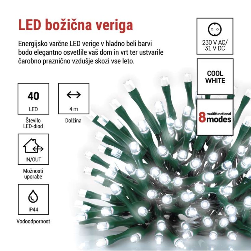 LED božična veriga, 4 m, zunanja in notranja, hladna bela, programi, časovnik